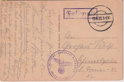 DR - Reservelazarett Bernburg Feldpostkarte stummer Tagesstempel 19.10.39
