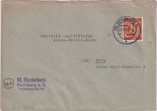 All.Bes. - (19) Bernburg 1 Tagesstempel Brief n. Köln 23.11.46