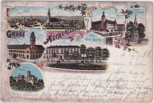 Sachsen-Anhalt - Aschersleben Hotel Rathaus etc. farb. Mehrbildlitho 1898