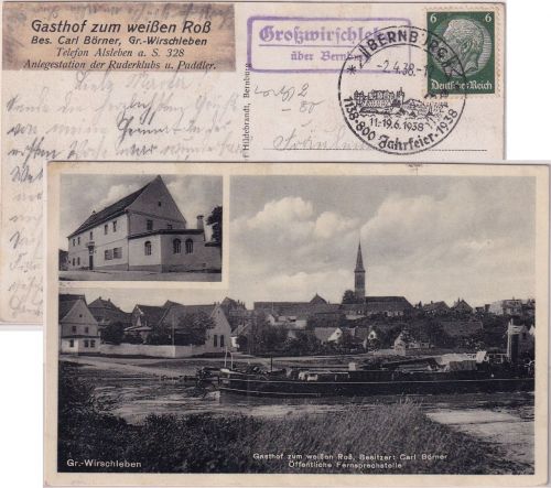 Sachsen-Anhalt - Gr. Wirschleben Gasthof sw-Mehrbild-Foto-AK Landpoststele 1938