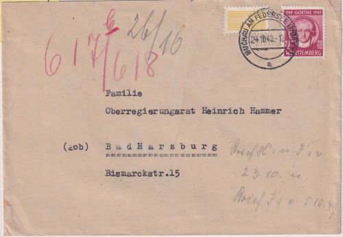 FZ/Württ. - 20 Pfg. Goethe + 2 Pfg. WoBa Brief Buchau a/F. Bad Harzburg 24.10.49