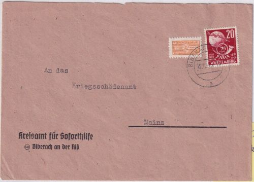 FZ/Württ. - 20 Pfg. 75 J. UPU + WoBa Brief Biberach a/R. - Mainz 12.12.49