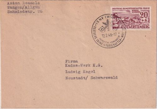 FZ/Württ. - 20 Pfg.- Skimeisterschaften Brief SST Isny - Neustadt 12.2.49