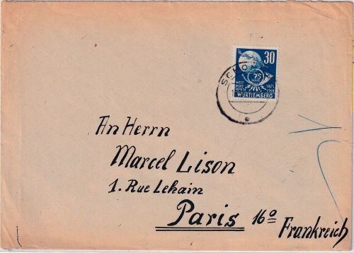 FZ/Württ. - 30 Pfg. 75 J. UPU Brief n. FRANKREICH Schongau - Paris 19.12.49