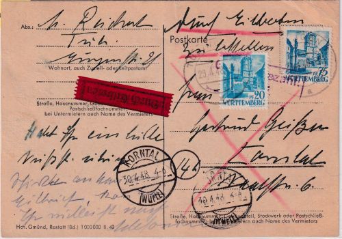 FZ/Württ. - 75+20 Pfg. 1. Ausgabe Eilkarte Tübingen - Korntal 29.4.48