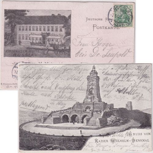 DR - Rossla Kyffhäuser-Hotel Firmenkarte (rs. Kaiser Wilhelm Denkmal) 1902