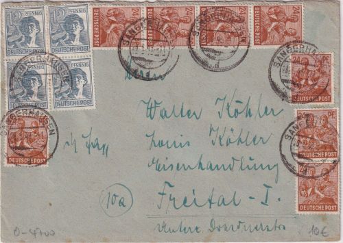 All.Bes./Währungsreform - 8x24+2x12 Pfg. Arbeiter Brief Sangerhausen 28.6.48
