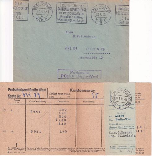 Berlin - Berlin-West SCHA Postscheckbrief n. SW29 1952 - mit Inhalt