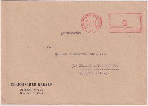 Berlin - Berlin Charlottenburg 2 14.4.49 6 Pfg. aptierter PFS Ortsdrucksache