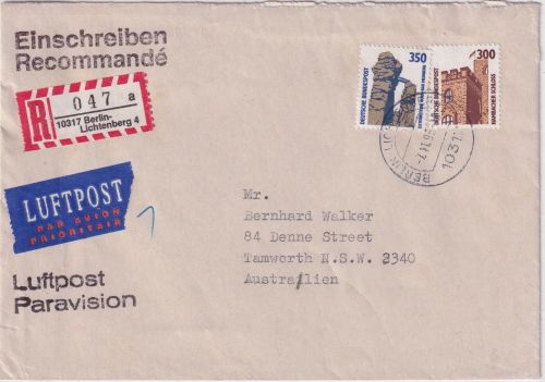 BRD - 350+300 Pfg. SWK Luftpost-Einschreibebrief n. AUSTRALIEN Berlin 7.11.95