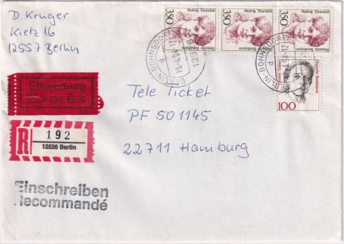 BRD - 3x350+100 Pfg. Frauen Eilboten-Einschreibebrief Berlin-Bohnsdorf 19.4.94