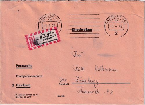 BRD - Hamburg Postsparkassenamt Einschreiben/Postsache n. Lüneburg 11.8.75