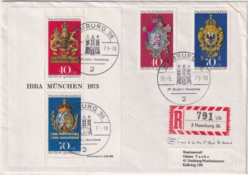 BRD - Hamburg 1973 37. Dt. Anwaltstag SST Einschreibebrief n. Duisburg