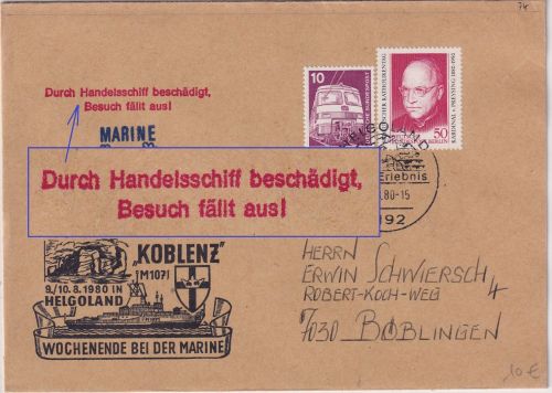 BRD - Helgoland 1980 Minenjagdboot "Koblenz" Brief m. Cachet n. Böblingen