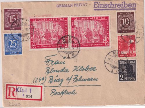 All.Bes. - 2x12 Pfg. Leipziger Messe ua. Einschreibebrief Kiel Burg/Fehmarn 1948