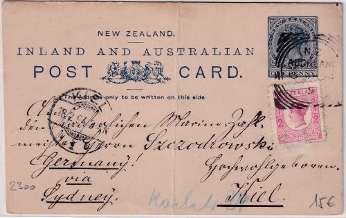 New Zealand - 1 P. Victoria Ganzsache + Zusatz Auckland - Kiel 6.1.1894