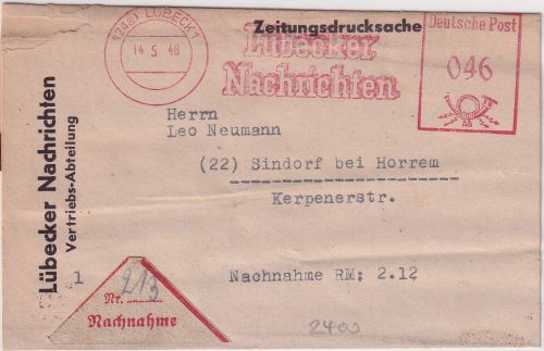 All.Bes. - Lübeck 14.5.48 46 Pfg. AFS "Lübecker Nachrichten" Zeitungsstreifband