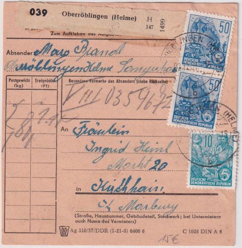 DDR - 2x50+10 Pfg. 5-J-Plan Paketkarte Oberröblingen - Kirchhain 1958