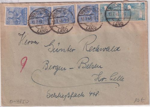All.Bes./Währungsreform - 4x50+2x20 Pfg. Arbeiter Brief Weißenfels Land 13.7.48