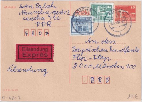 DDR - 10 Pfg. Bauwerke/klein Ganzsache+Zusatz Eilkarte Laucha - München 30.1.90