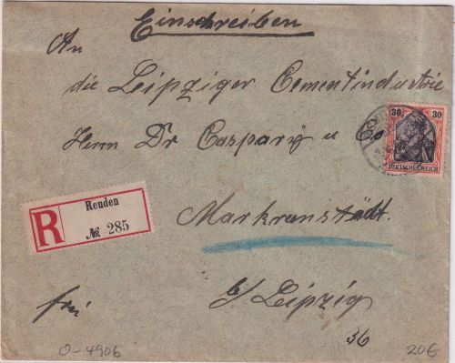 DR - 30 Pfg. Germania Einschreibebrief Reuden - Markranstädt 1908