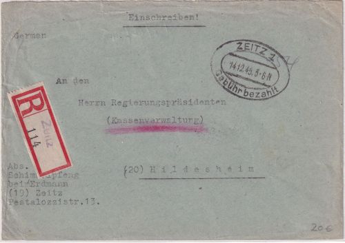 All.Bes. - Zeitz 1 Gebühr bezahlt 14.12.45 Einschreibebrief n. Hildesheim