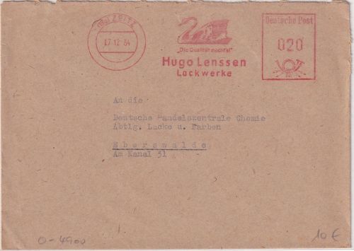 DDR - Zeitz 1954 20 Pfg. AFS "Hugo Lenssen Lackwerke" Brief n. Eberswalde