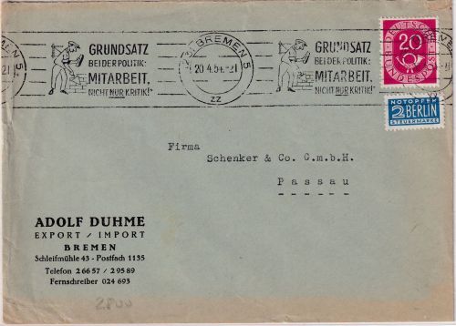 BRD - Bremen 1954 "Grundstz bei der Politik - Mitarbeit nicht nur Kritik" Brief