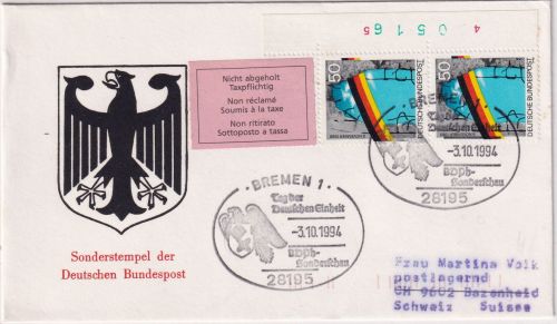 BRD - 50 Pfg. Mauerfall senkr. Paar/Bogennummer Schmuckbrief SST Bremen 3.10.94