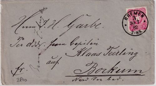 DR - Bremen 3 K1 Brief n. Borkum 30/7 1882 - ohne Inhalt