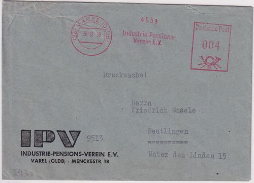 BRD - Varel 26.12.50 4 Pfg. AFS "Industrie-Pensions-Verein" Drucksachenbrief