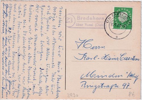 BRD - (23) Bredehorn ü. Varel Landpost-Ra2 Karte n. Minden 15.5.61