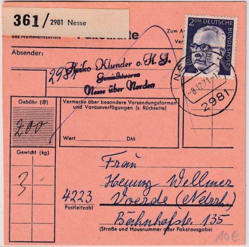 BRD - 2 DM Heinemann Einzelfrankatur Paketkarte Nesse - Voerde 8.12.71