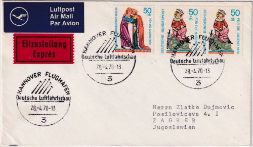 BRD - 2x50 Pfg. Minnesänger u.a. Lupo-Eilbrief n. JUGOSLAWIEN SST Hannover 1970