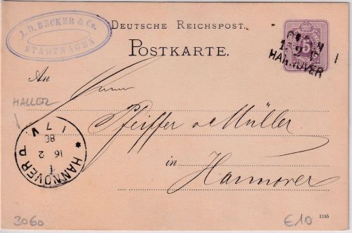 DR - Coeln Hannover Bahnpost-L3 Ganzsache Stadthagen - Hannover 1886