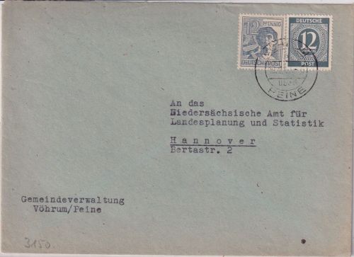 All.Bes. - 12+12 Pfg. Arbeiter/Ziffer Brief Vöhrum ü. Peine - Hannover 1947