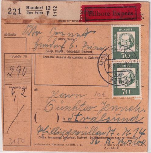 BRD - 4x70+10 Pfg. Bed. Deutsche Eilboten-Paketkarte Handorf ü. Peine 1962