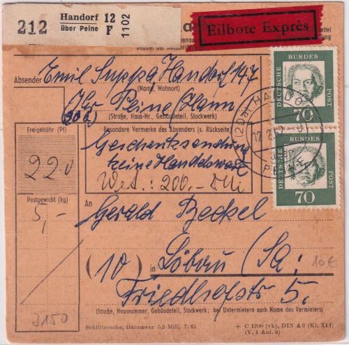 BRD - 3x70+10 Pfg. Bed. Deutsche Eilboten-Paketkarte Handorf ü. Peine 1962