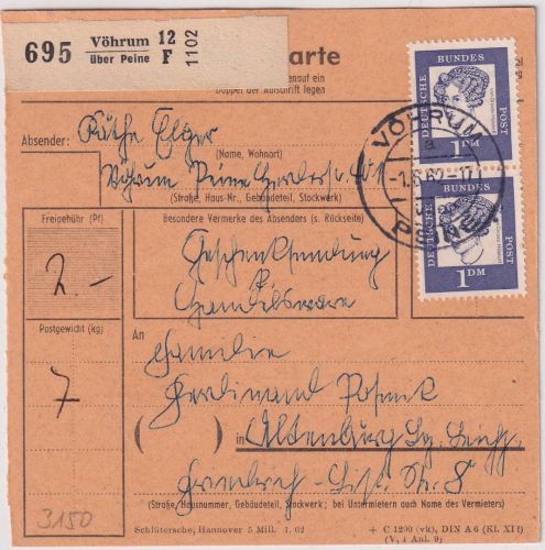 BRD - 2x1 DM Bed. Deutsche Paketkarte Vöhrum ü. Peine - Altenburg/DDR 1962