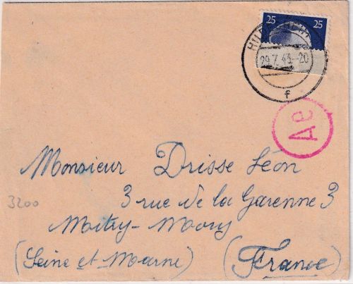 DR - 25 Pfg. AH Brief n. FRANKREICH/Zwangsarbeiter Hildesheim n. Mitry-Mori 1943