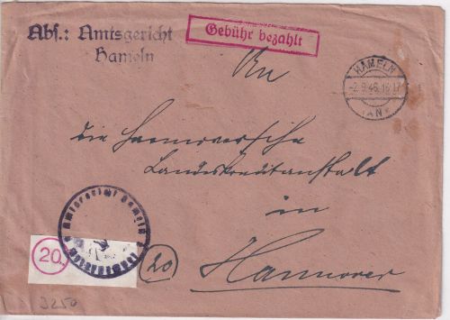 All.Bes. - Hameln 2.9.46 Ra1 Gebühr bezahlt Brief n. Hannover