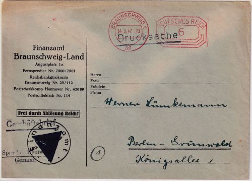 All.Bes. - Braunschweig 14.3.47 6 Pfg PFS "Deutsches Reich" Drucksache n. Berlin