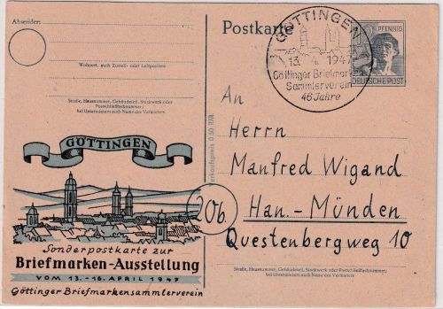 All.Bes. - 12 Pfg Arbeiter Ganzsache priv. Zudruck BM-Ausstellung Göttingen 1947