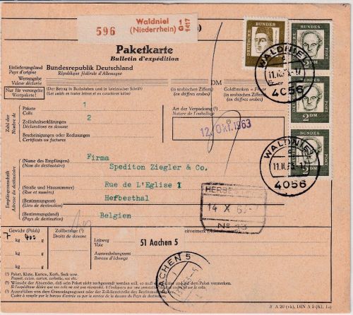 BRD - 3x2 DM + 5 Pfg. Bed. Deutsche Paketkarte n. BELGIEN Waldniel 11.10.63