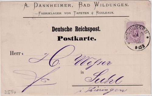 DR - 5 PfgE. Firmenkarte (Vordruck) Wildungen - Suhl 1878