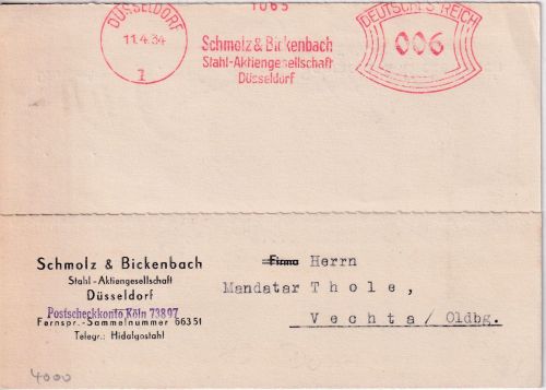 DR - Düsseldorf 1934 6 Pfg. AFS "Schmolz & Bickenbach Stahl AG" Karte n. Vechta