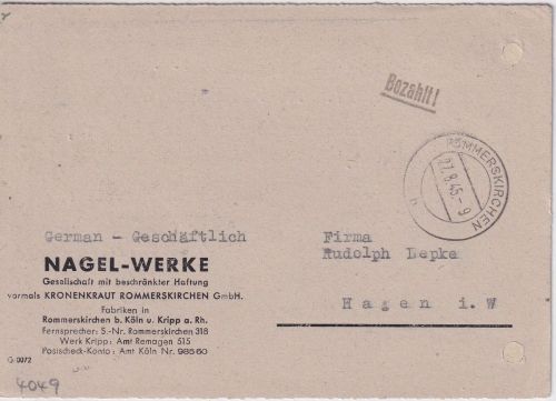 All.Bes. - Rommerskirchen 27.8.45 "Bezahlt!" L1 Firmenkarte n. Hagen RR!