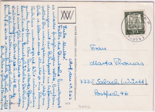 BRD - Norf ü. Neuss 2 Poststelle I aptierter Tagesstempel Karte n. Salach 1962