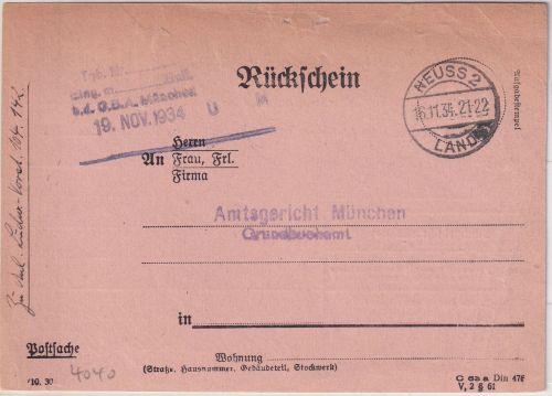 DR - Neuss 2 Land 1934 Postsache/Rückschein n. München