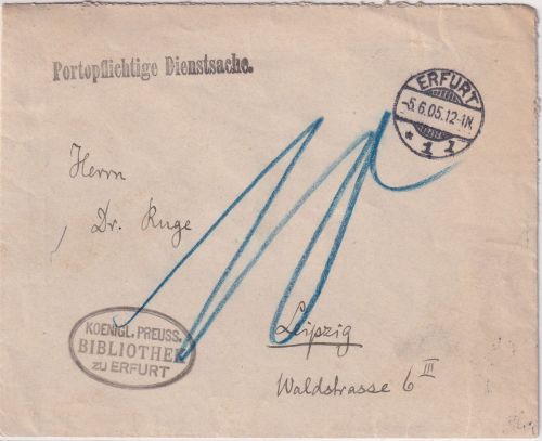 DR - Erfurt 1905 portopfl. Dienstbrief (Kgl. Preuss. Bibliothek) n. Leipzig